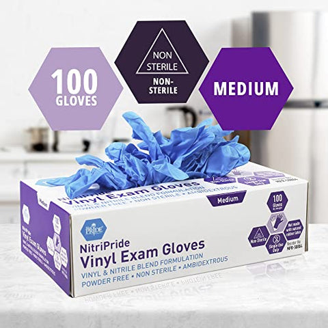 MED PRIDE NitriPride Nitrile-Vinyl Blend Exam Gloves, Medium 100 - Powder Free, Latex Free & Rubber Free - Single Use Non-Sterile Protective Gloves for Medical Use, Cooking, Cleaning & More