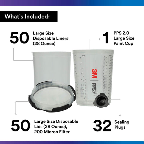 3M PPS 2.0 Spray Gun Cup, Lids and Liners Kit, 26024, Large, 28 Ounces, 200-Micron Filter, Use for Cars, Furniture, House and More, 1 Paint Cup, 50 Disposable Lids and Liners, 32 Sealing Plugs