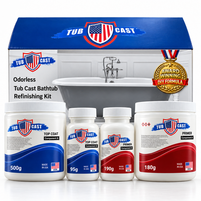 Tub Cast Roll-On bathtub refinishing kit box with primer and topcoat containers