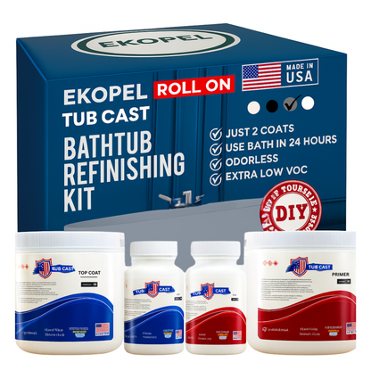 bathtub refinishing, best bathtub refinishing kit, nontoxic refinishing, odorless bathtub refinishing, diy tub remodel, diy bathroom refinishing, roll on application, roll on refinishing, odorless roll on, tub cast, ekopel tub cast, long lasting, ultra durable, high gloss, easy application