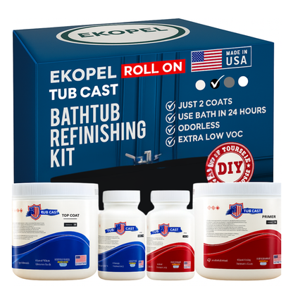 bathtub refinishing, best bathtub refinishing kit, nontoxic refinishing, odorless bathtub refinishing, diy tub remodel, diy bathroom refinishing, roll on application, roll on refinishing, odorless roll on, tub cast, ekopel tub cast, long lasting, ultra durable, high gloss, easy application