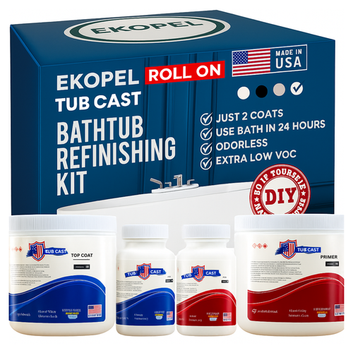 bathtub refinishing, best bathtub refinishing kit, nontoxic refinishing, odorless bathtub refinishing, diy tub remodel, diy bathroom refinishing, roll on application, roll on refinishing, odorless roll on, tub cast, ekopel tub cast, long lasting, ultra durable, high gloss, easy application